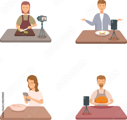 Set of illustrations featuring diverse food bloggers recording tutorials and reviews for online audiences