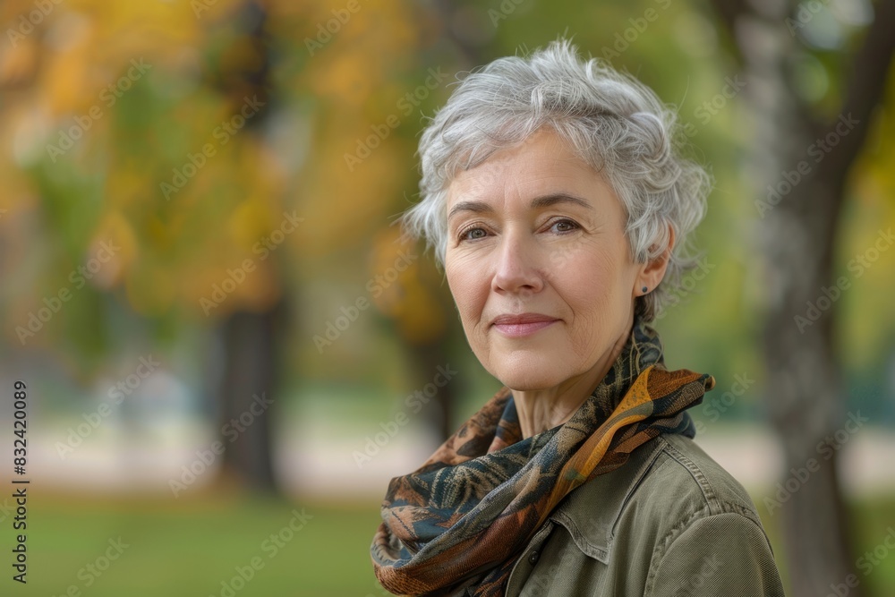 Confident Mature Woman Outdoors in Autumn Park with Warm Tones and Soft Light Confident Mature Woman Outdoors in Autumn Park with Warm Tones and Soft Light