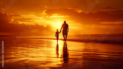 Father and child walking hand in hand on the beach at sunset, with golden reflections. © thanakrit