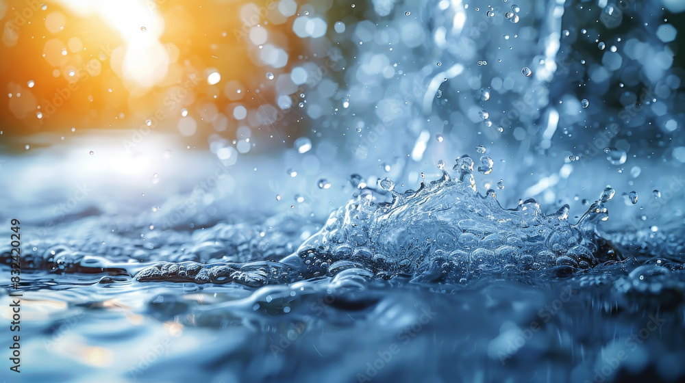 Droplets splash into the water under the warm glow of the sun, creating a tranquil and refreshing scene. Droplets splash into the water under the warm glow of the sun, creating a tranquil and refreshing scene.
