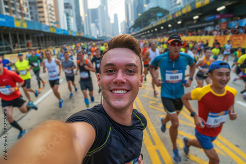 Young man marathon runner taking a selfie during a city marathon with a crowd of runners in the background