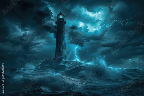 Old lighthouse battling a fierce storm, dark hues with dramatic lightning, highdetail illustration, historical and atmospheric,