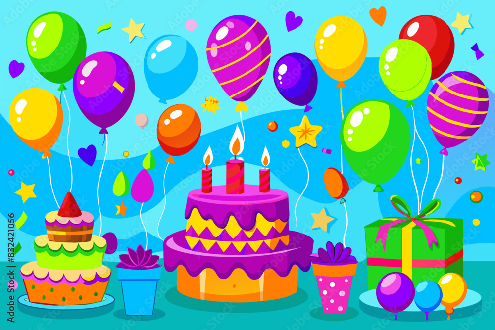 Colorful birthday setting with balloons, cakes, and gifts. Festive party scene with vibrant balloons and multiple cakes. Cheerful birthday celebration background with colorful decorations.
Colorful birthday setting with balloons, cakes, and gifts. Festive party scene with vibrant balloons and multiple cakes. Cheerful birthday celebration background with colorful decorations.