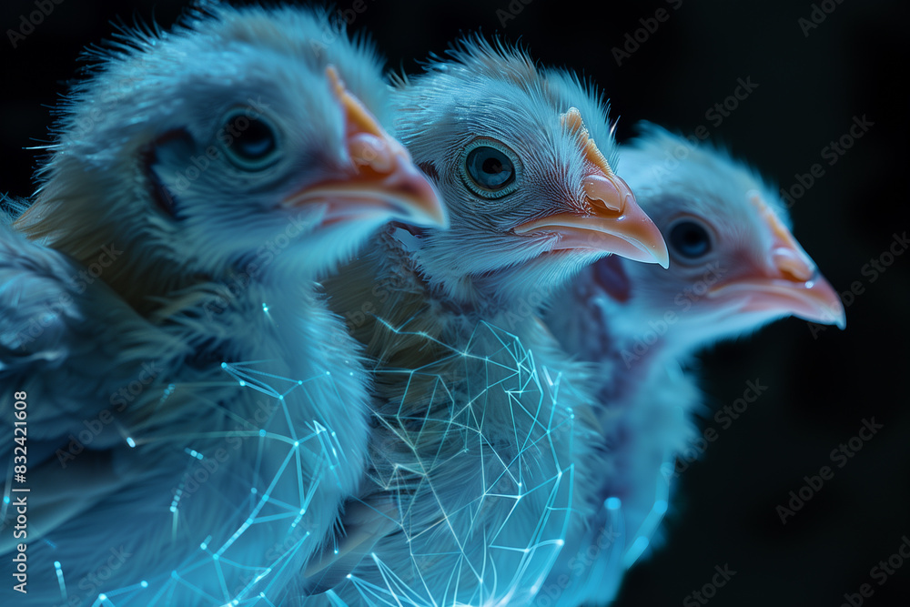 Obraz premium Three Chicks with Digital Network Overlay.
