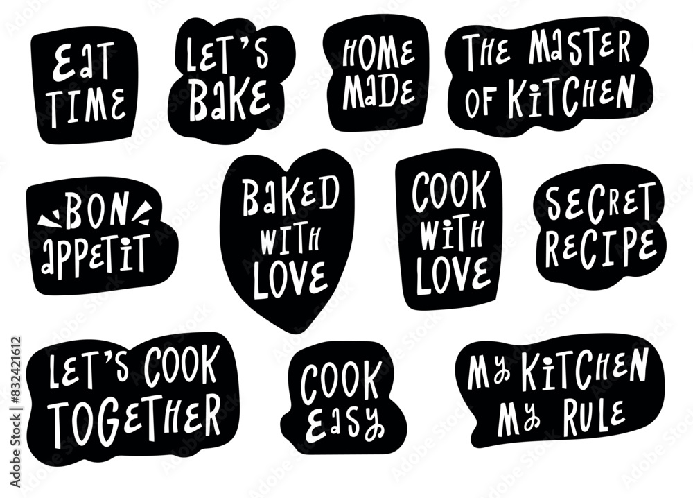 Set Kitchen lettering phrase. Hand drawn vector lettering phrase. Icolated on white background. Can be used for badges, labels, logo, bakery, food, kitchen classes, cafes, etc. Set Kitchen lettering phrase. Hand drawn vector lettering phrase. Icolated on white background. Can be used for badges, labels, logo, bakery, food, kitchen classes, cafes, etc.