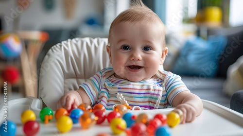 Adorable Baby in High Chair Playing with Plastic Keys - Cute Infant Engaged in Sensory Play Activity