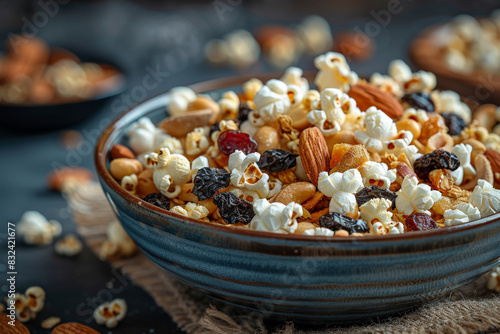 Bowl of healthy homemade trail mix with nuts, seeds, and dried fruits. photo