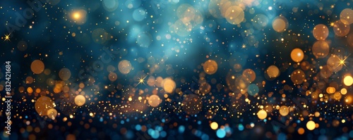 Glittery blue, gold, and black background. Defocused banner. photo
