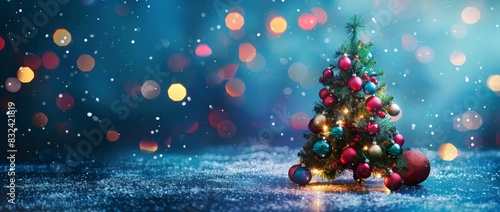 Baubles and blurred lights decorate a Christmas tree photo