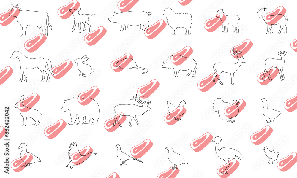 Vector animals meat icons. Cow, calf, pig, sheep, lamb, goat, horse, rabbit, nutria, boar, deer, roe deer, hare, bear, elk, chicken, turkey, goose, duck, mallard, pheasant, partridge, ostrich, dove. Vector animals meat icons. Cow, calf, pig, sheep, lamb, goat, horse, rabbit, nutria, boar, deer, roe deer, hare, bear, elk, chicken, turkey, goose, duck, mallard, pheasant, partridge, ostrich, dove.