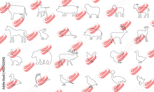 Vector animals meat icons. Cow, calf, pig, sheep, lamb, goat, horse, rabbit, nutria, boar, deer, roe deer, hare, bear, elk, chicken, turkey, goose, duck, mallard, pheasant, partridge, ostrich, dove.