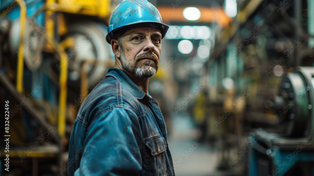 Portrait of a rugged industrial worker in a factory, wearing a blue hard hat and denim uniform, surrounded by machinery. Portrait of a rugged industrial worker in a factory, wearing a blue hard hat and denim uniform, surrounded by machinery.