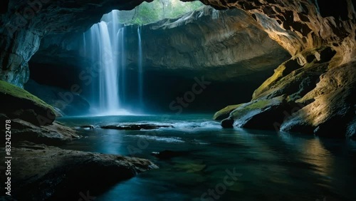 waterfall in the cave, seamless looping animation video background 