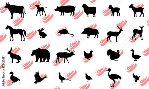Vector animals meat icons. Cow, calf, pig, sheep, lamb, goat, horse, rabbit, nutria, boar, deer, roe deer, hare, bear, elk, chicken, turkey, goose, duck, mallard, pheasant, partridge, ostrich, dove.