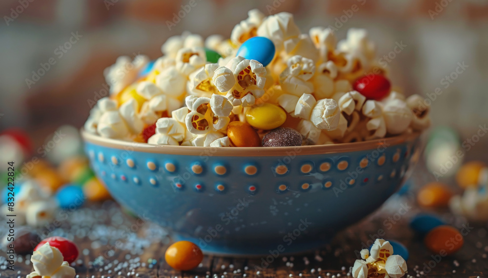 Bowl of sweet and salty caramel popcorn with colorful chocolate candies. Bowl of sweet and salty caramel popcorn with colorful chocolate candies.