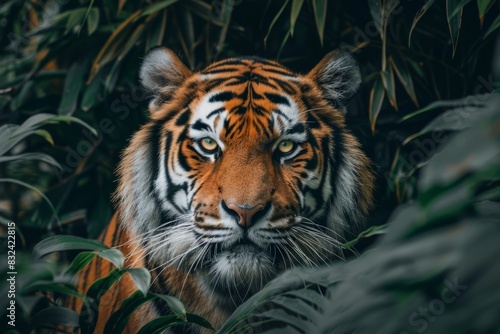 Majestic Sumatran Tiger in Lush Jungle Setting with Intense Gaze and Distinct Markings. Tiger Day