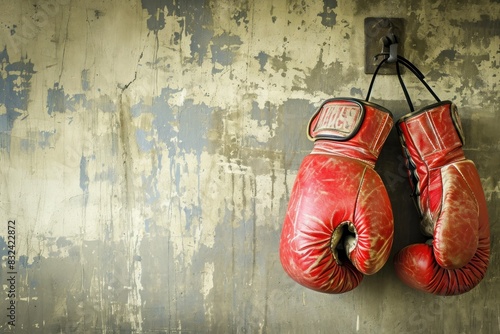 Old Dusty Boxing Gloves Hanging on a Background with Copy Space. Boxing Gloves. Boxing. Boxing Concept with text and logotype space. © John Martin