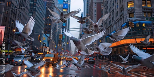 a image of a flock of pigeons flying over a city street
