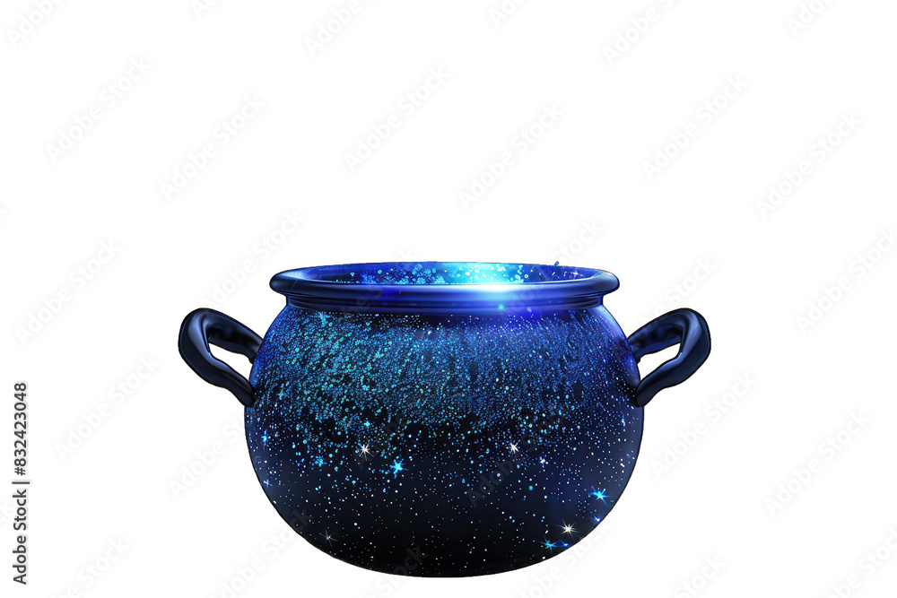 Mystical dark blue pot with galaxy design, glowing rim, and two handles, perfect for use in fantasy and magical themed projects. Mystical dark blue pot with galaxy design, glowing rim, and two handles, perfect for use in fantasy and magical themed projects.