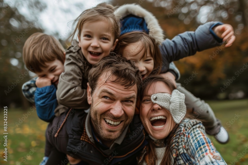 A couple give two young children a piggyback ride while smiling A couple give two young children a piggyback ride while smiling