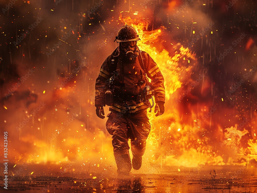 A firefighter in full gear walking through intense flames and smoke, showcasing bravery and courage in action. A firefighter in full gear walking through intense flames and smoke, showcasing bravery and courage in action.