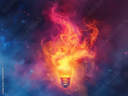 A vibrant lightbulb engulfed in fiery flames against a cosmic background, symbolizing innovation, creativity, and energy.