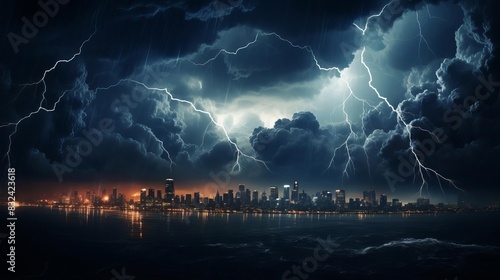 Dark clouds with lightning bolts over a city skyline illustrating economic depression close up, financial instability, ethereal, manipulation, urban backdrop photo