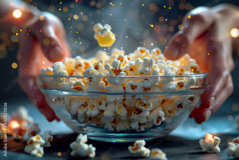 Freshly popped popcorn in a glass bowl held by two hands against a dark blue background.