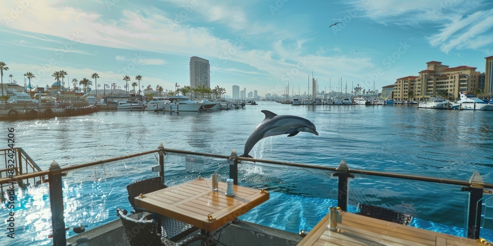 Naklejka premium a image of a dolphin jumping out of the water from a boat