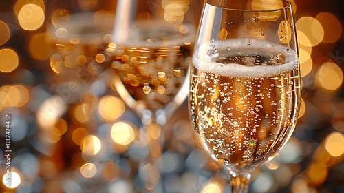 Wallpaper Mural Detailed close-up of champagne glasses clinking, focusing on the bubbles and effervescence, light refractions through the bubbly liquid, blurred festive lights in the background. Torontodigital.ca