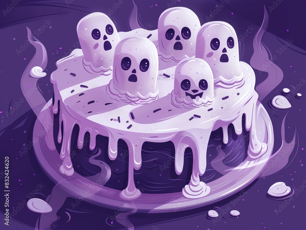 Spooky ghost-themed cake with eerie decorations and melting ghostly figures, perfect for Halloween celebrations and parties. Spooky ghost-themed cake with eerie decorations and melting ghostly figures, perfect for Halloween celebrations and parties.