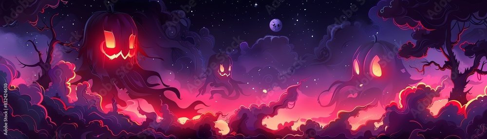 Spooky Halloween night with glowing jack-o'-lanterns, eerie trees, and a mystical sky. Perfect for festive and haunting seasonal themes.