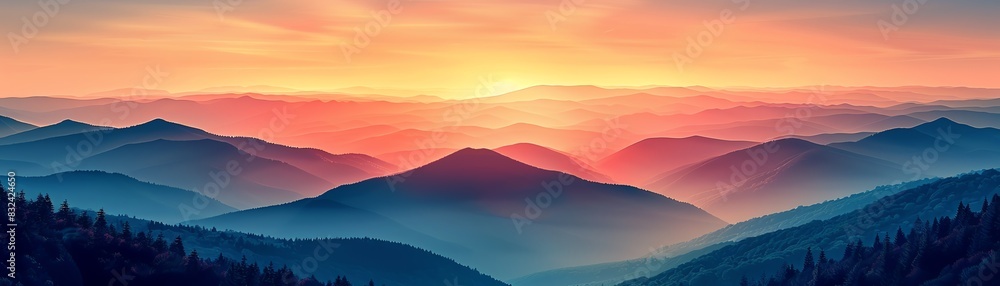 Stunning panoramic view of mountain range at sunset with vibrant colors and dramatic scenery. Ideal for nature and landscape photography. Stunning panoramic view of mountain range at sunset with vibrant colors and dramatic scenery. Ideal for nature and landscape photography.