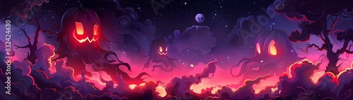 Spooky Halloween night with glowing jack-o'-lanterns, eerie trees, and a mystical sky. Perfect for festive and haunting seasonal themes. photo