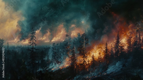 Forest fire burning with intense heat in artwork for global warming or environmental awareness