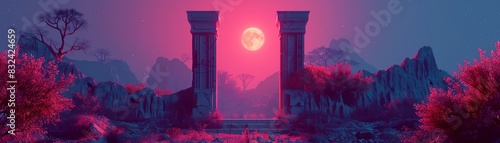 Surreal landscape featuring ancient stone pillars under a vibrant full moon and colorful sky, creating a dreamlike atmosphere.