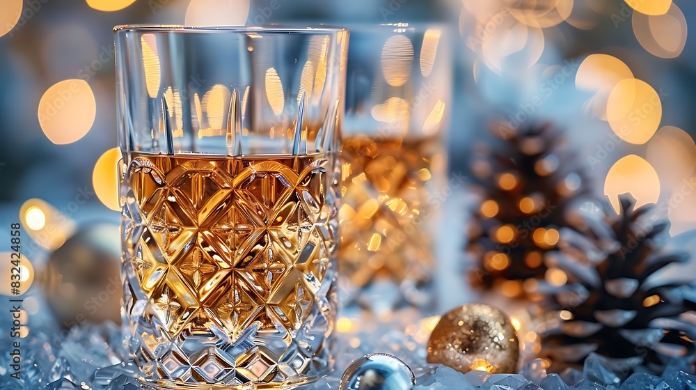 Detailed close-up of crystal glasses clinking, focusing on the fine glass patterns, elegant and sophisticated, soft bokeh lights in the background, sparkling and refined, high-resolution image.