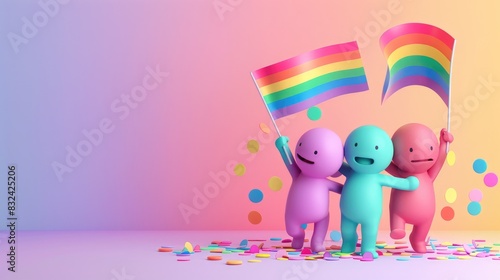 Pride Celebration: Joyful Cartoon Characters with Rainbow Flags. © CHAWA GEN