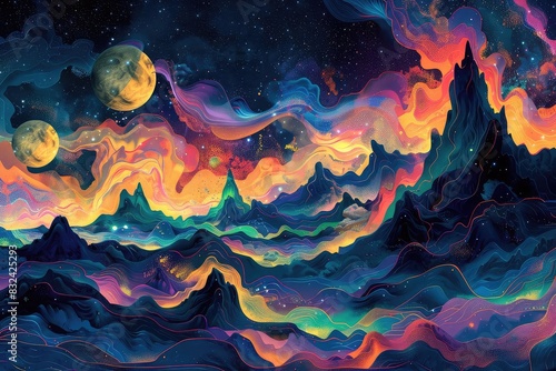 Psychedelic mountains with swirling colors and abstract shapes  vibrant and surreal  digital art  dreamlike and hypnotic 