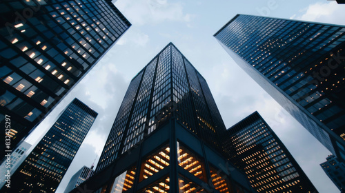 Dynamic low angle view of modern skyscrapers against a cloudy sky  showcasing contemporary architecture and urban development.