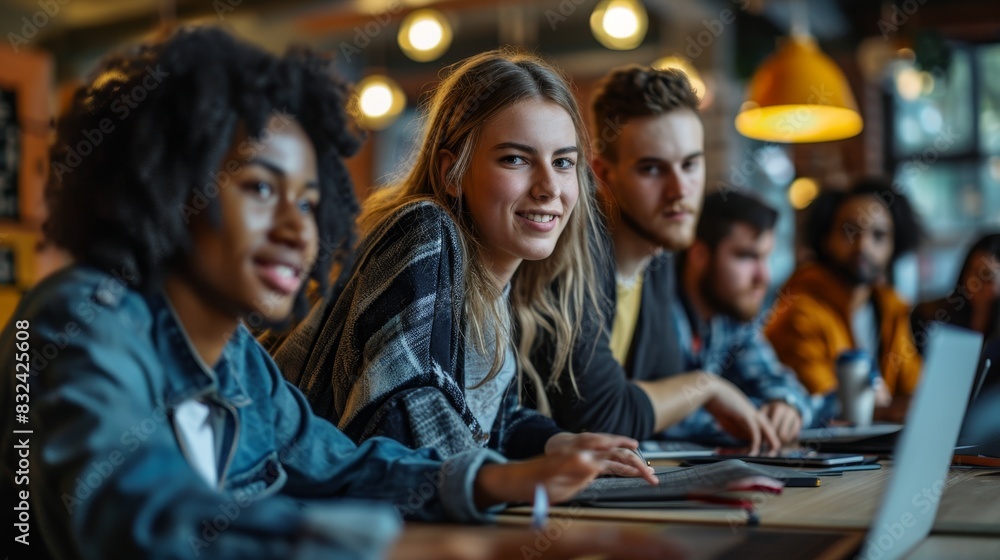 Smart young students studying in university with happy diverse multiethnic classmates Smart young students studying in university with happy diverse multiethnic classmates