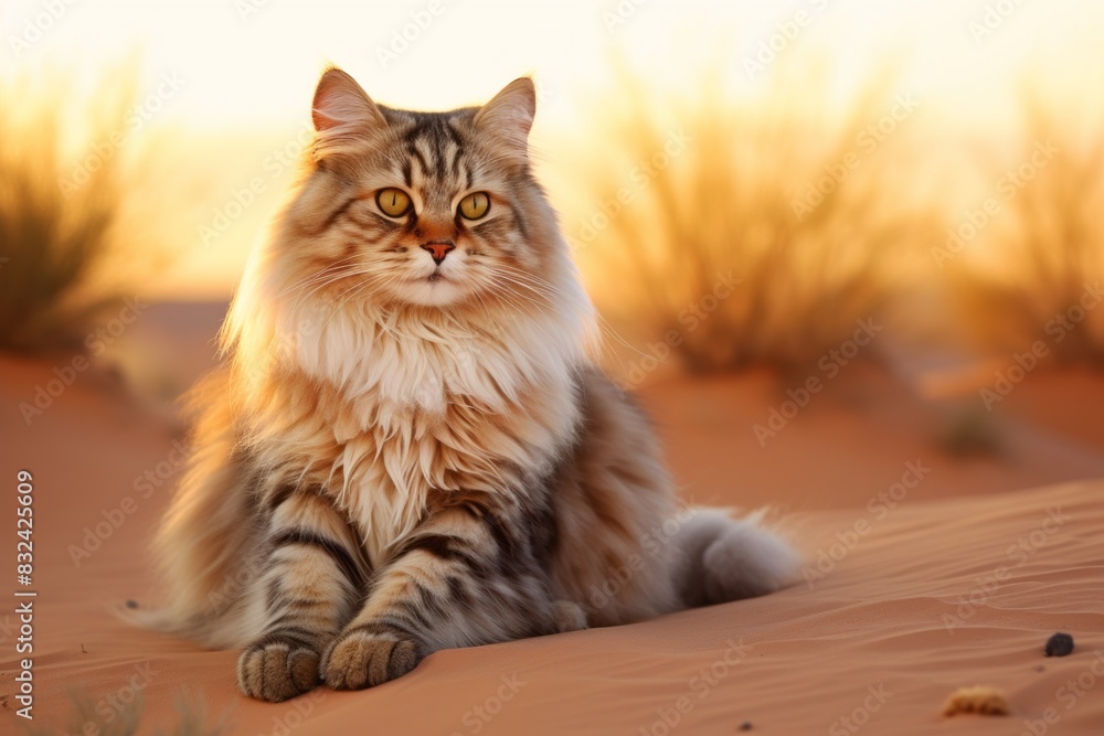 Portrait of a smiling siberian cat isolated in backdrop of desert dunes