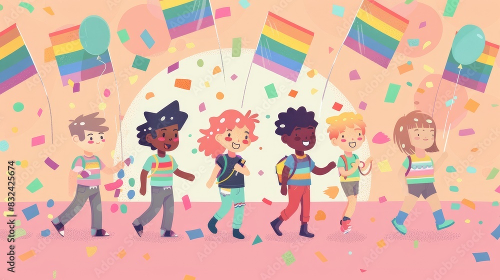 Cartoon Illustration of LGBTQ Characters in Pride Parade with Rainbow ...
