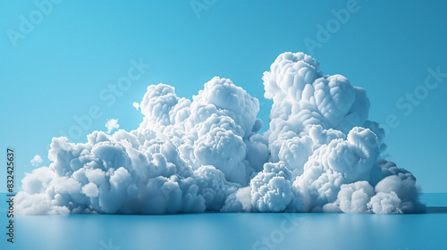 3D rendered fluffy white clouds on a plain blue background