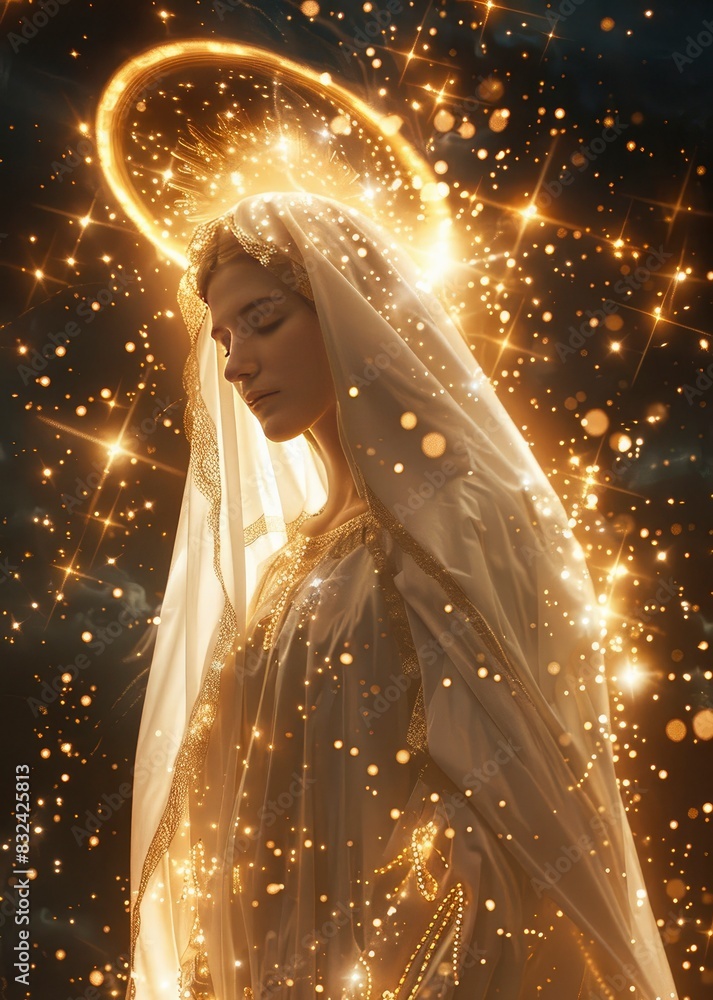 mother and mirror of Jesus Christ with golden light all around her in the dark sky,
