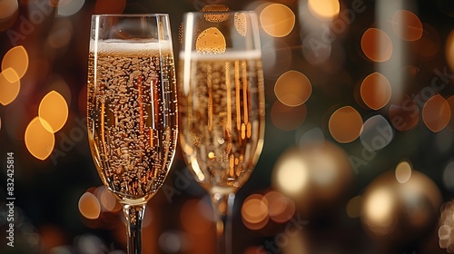 Detailed close-up of two champagne flutes toasting, capturing the sparkle of the liquid and the fine bubbles, light creating beautiful reflections, blurred festive lights in the background.