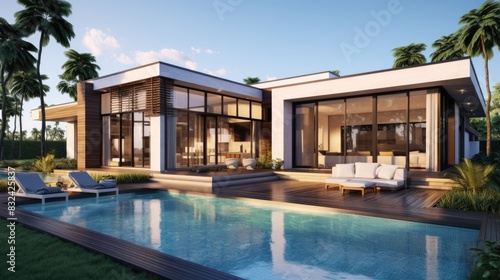 modern villa with open plan living and private bedroom wing with small terrace for relaxation