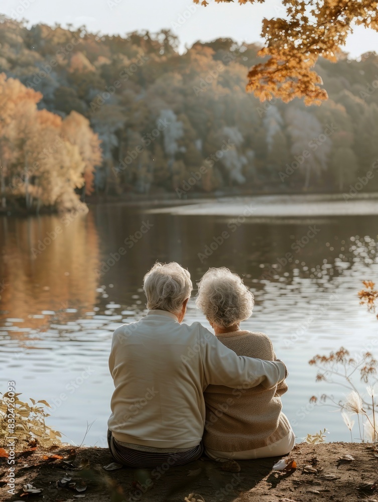 elderly couple sitting by the lake, holding each others shoulders and looking at the scenery in front of them
