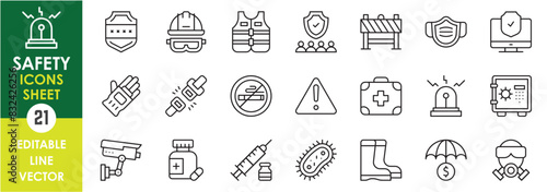 A set of line icons related to safety and precautions. Shield, vest, mask, gas mask, seat belt, warning sign, gloves, security camera and so on. Vector outline icons set.