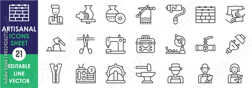 A set of line icons related to artisanal works. Knitting, barber, tailor, plumber, labor, potter and so on. Vector outline icons set.